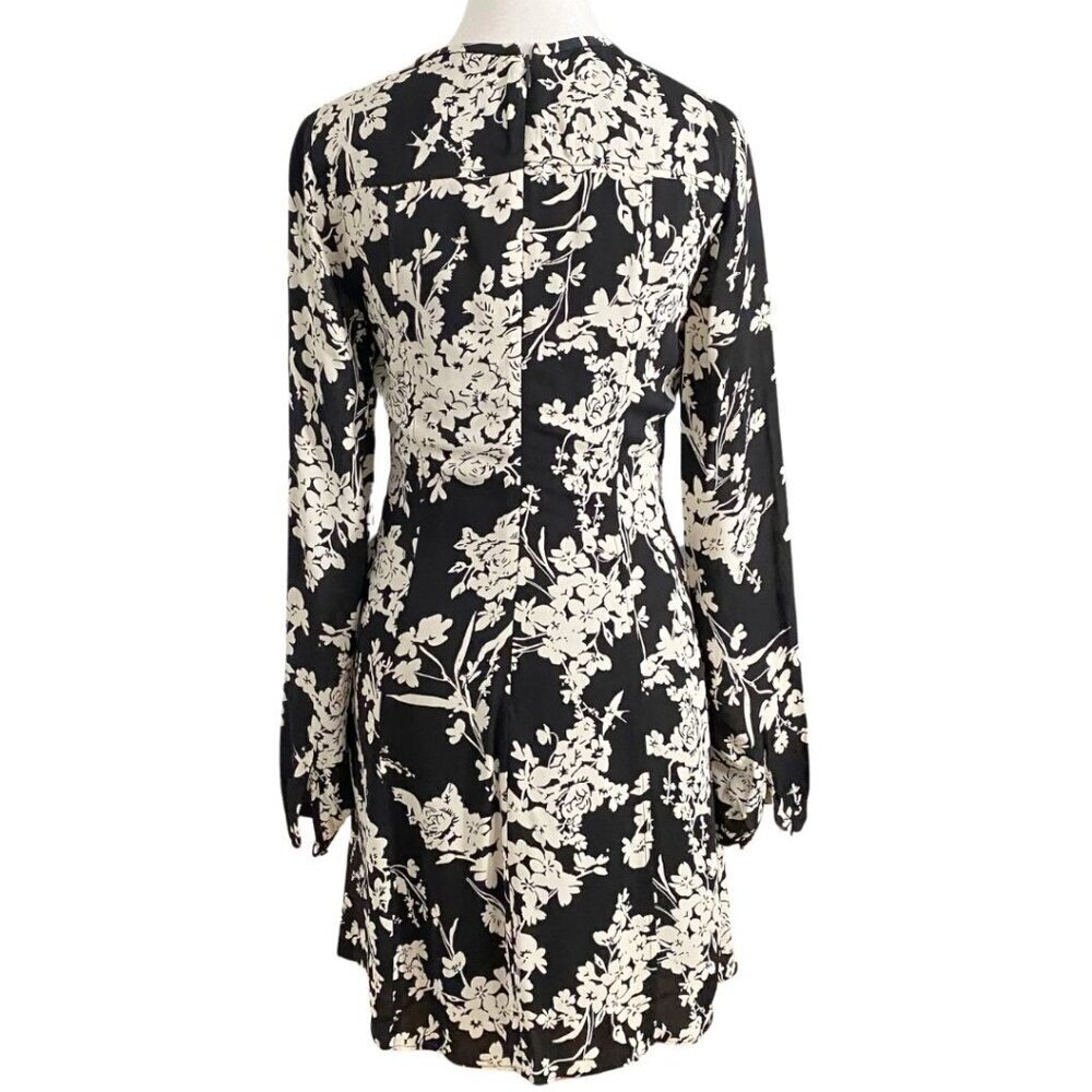 REISS GABRIELLA BLACK WHITE FLORAL LONG SLEEVE MINI DRESS - 2 - Picture 4 of 12